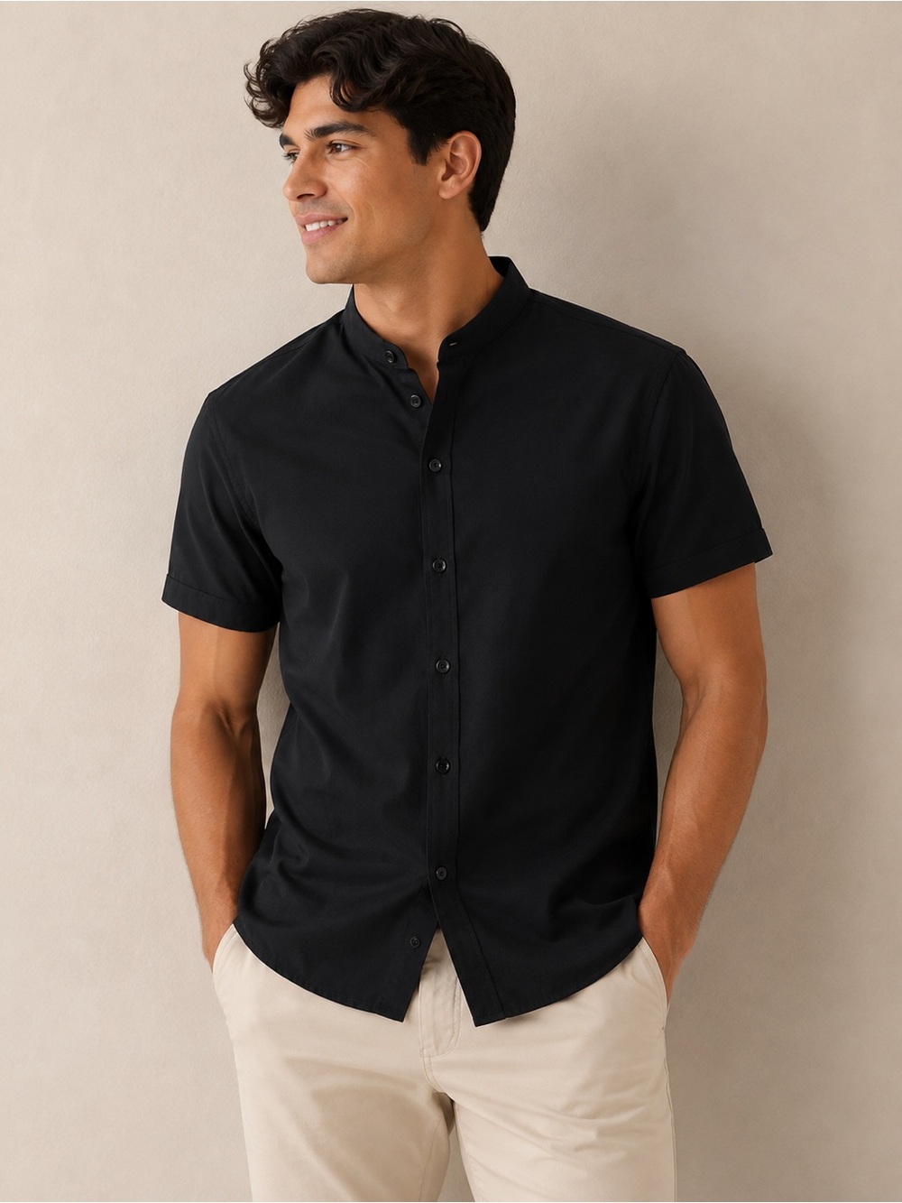 Men's Black Short-Sleeve Grandad Collar Button-Down Shirt